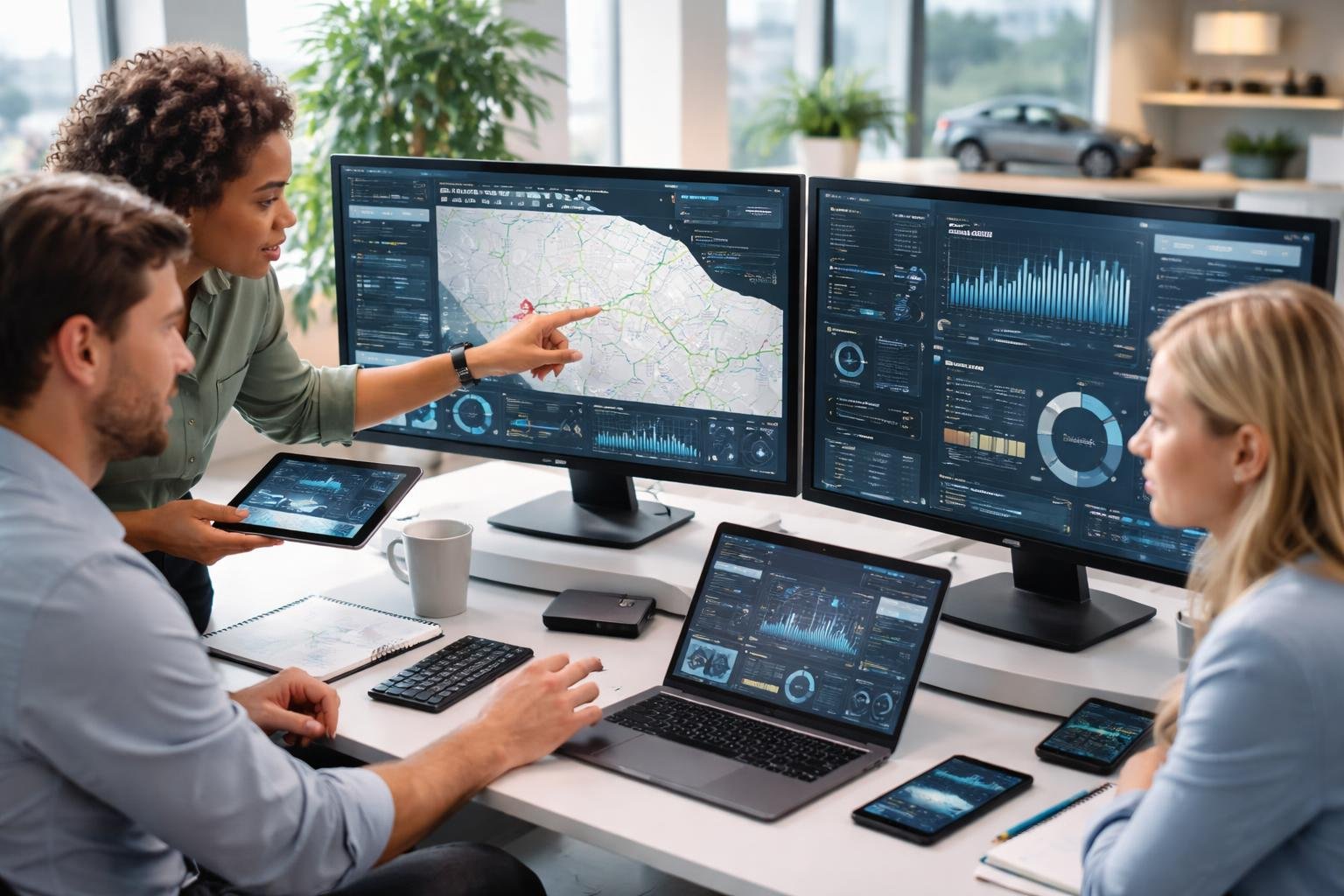 A team of professionals analyzing vehicle telematics data on multiple computer screens in a modern office.