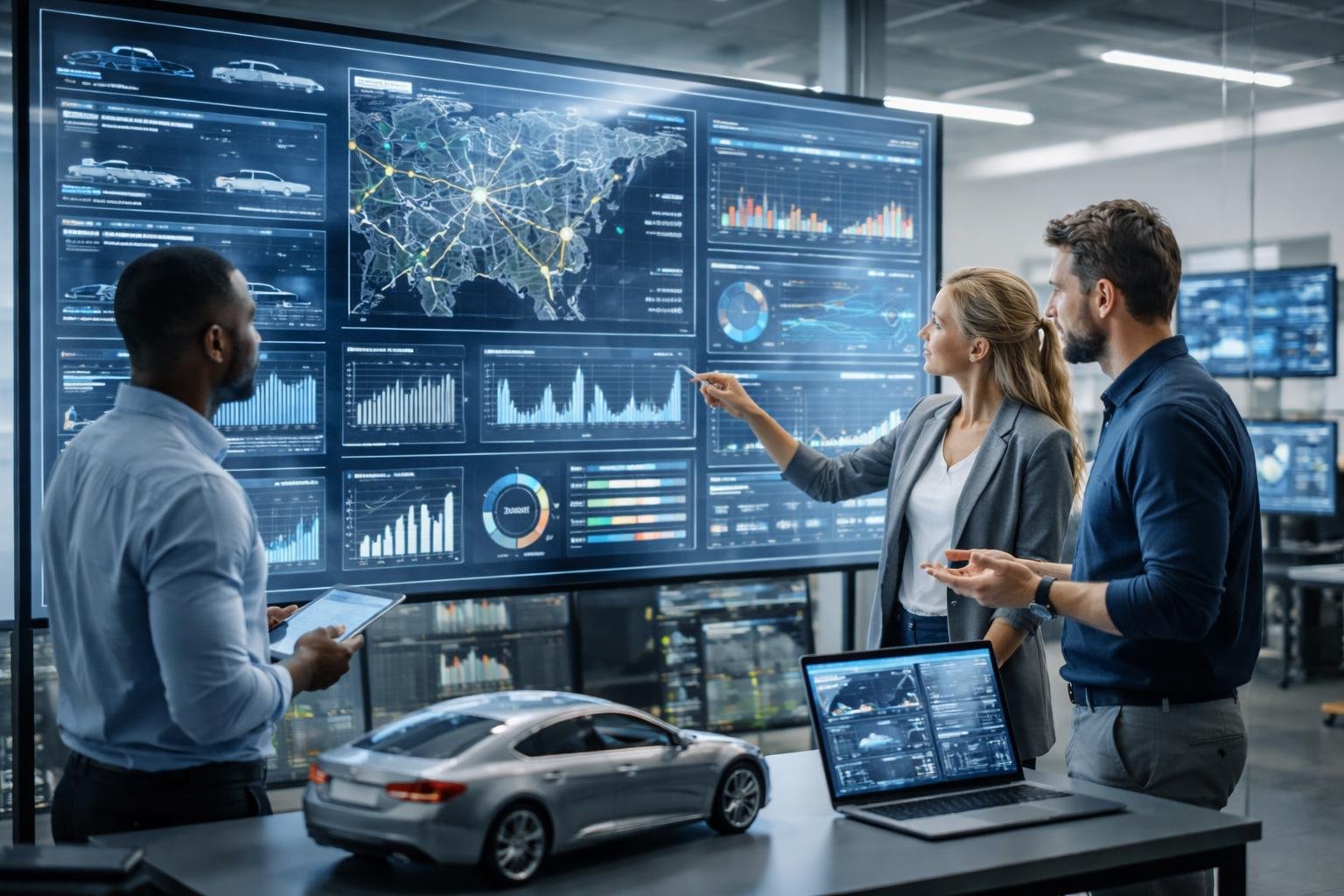 A group of professionals analyzing vehicle telematics data on a large digital screen in a modern office.