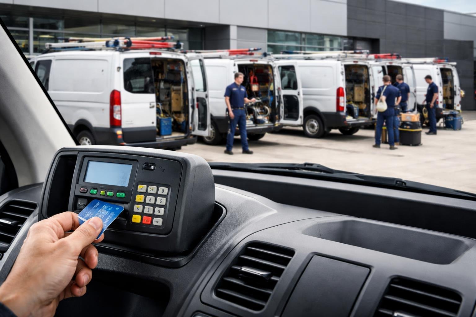 A fleet of plumbing vans parked outside a building with a hand using a fuel management device inside a vehicle and plumbers preparing tools nearby.