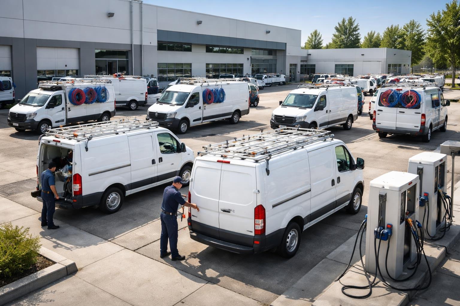 A fleet of plumbing service vehicles parked near a fueling station with workers checking fuel levels.