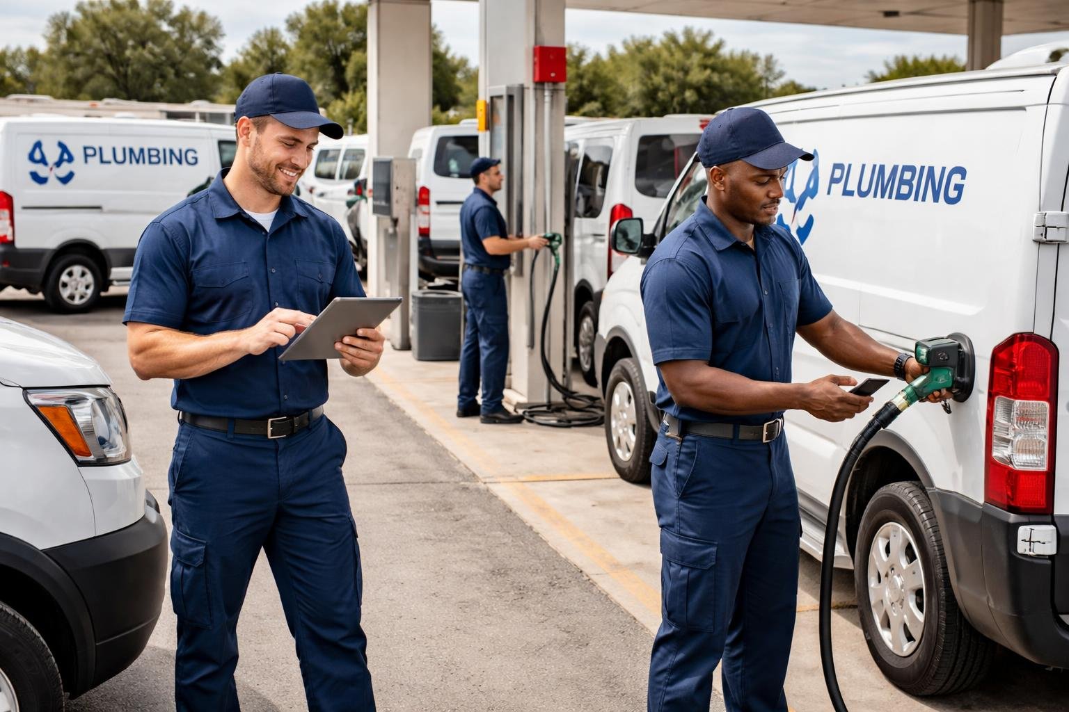 Plumbing service vans parked at fuel pumps with technicians managing fuel cards and using digital devices.
