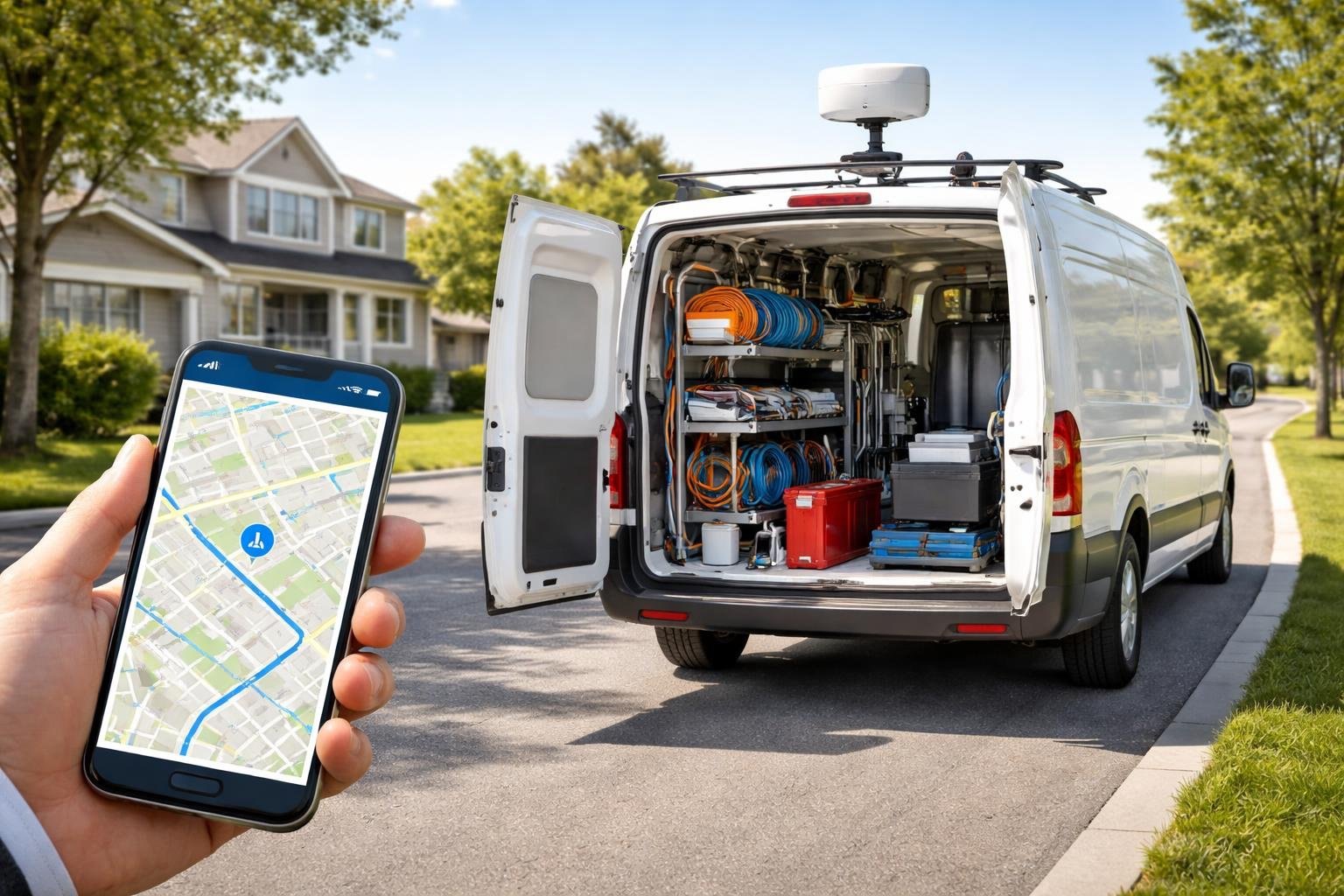 A plumbing service van parked on a street with plumbing tools inside and a person holding a smartphone showing a GPS tracking map.