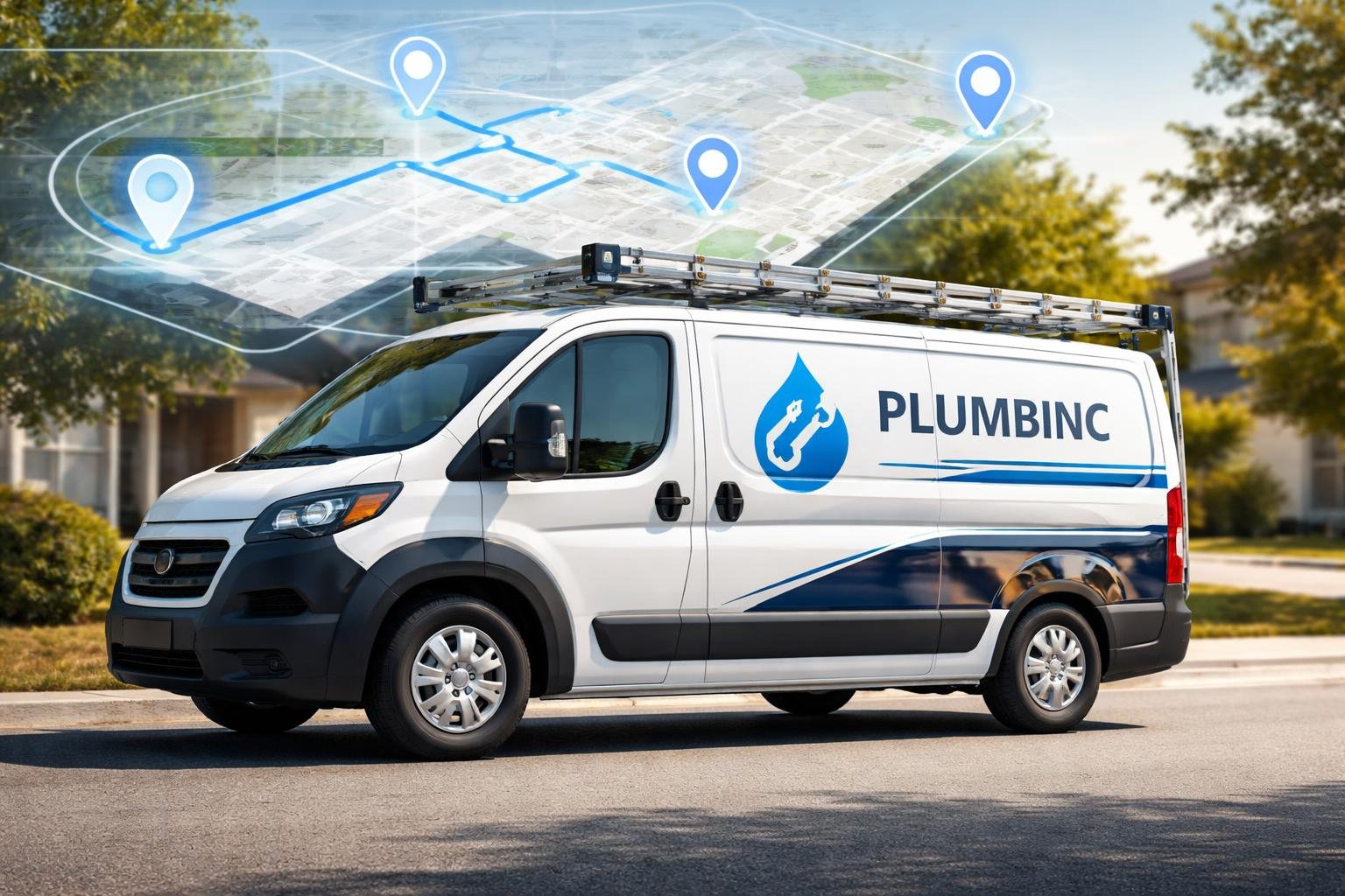 A plumbing service van parked on a street with digital map graphics showing GPS tracking overlay.