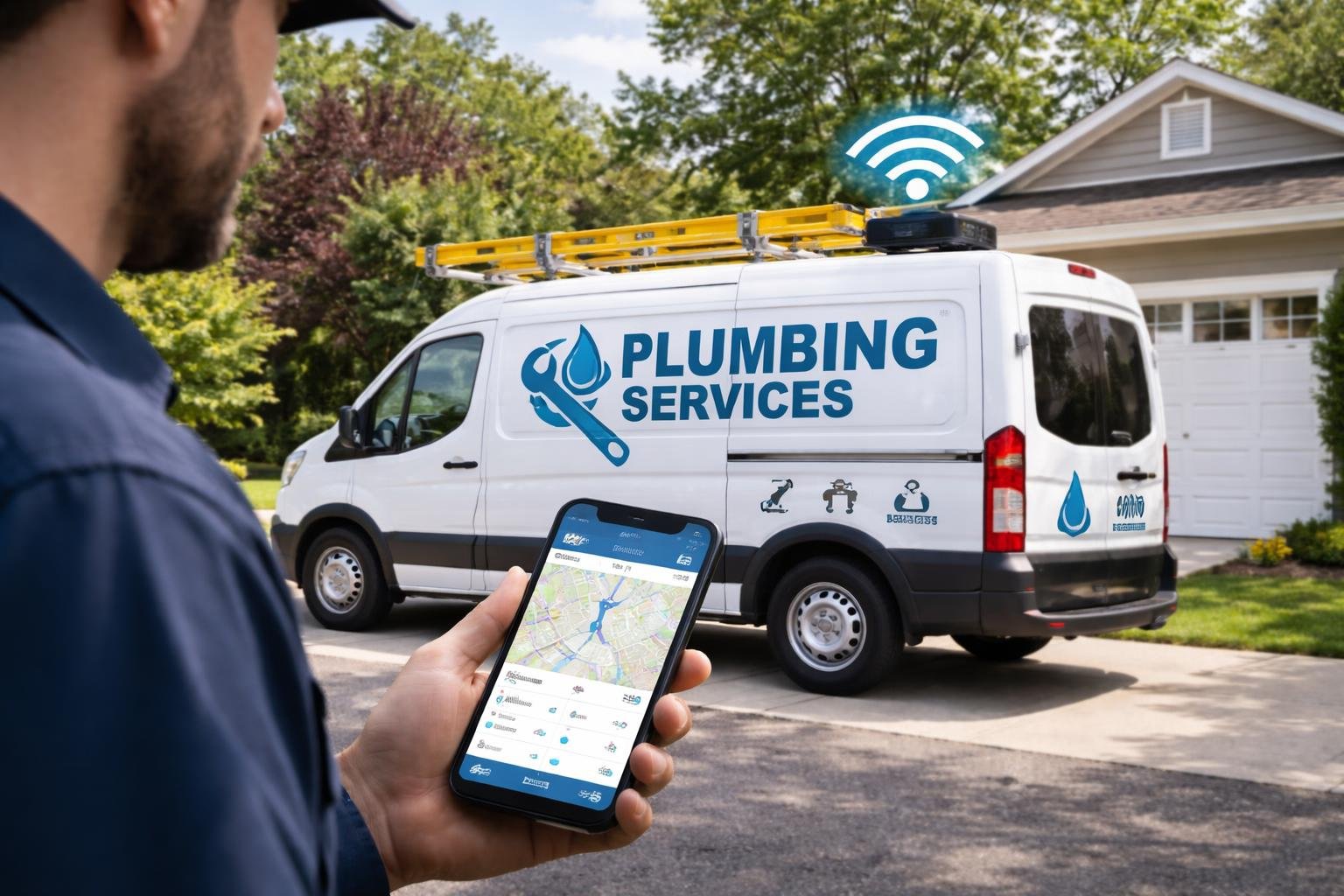 A plumbing service van parked outside a home with a plumber holding a tablet showing vehicle tracking information.