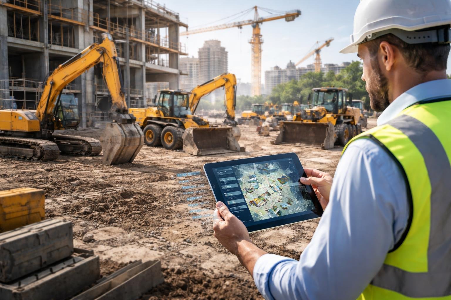 A construction site with heavy machinery and a fleet manager using a tablet to coordinate equipment.