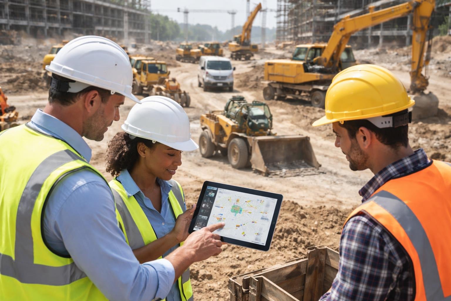Construction managers and workers reviewing a digital tablet near various construction vehicles at a busy construction site.