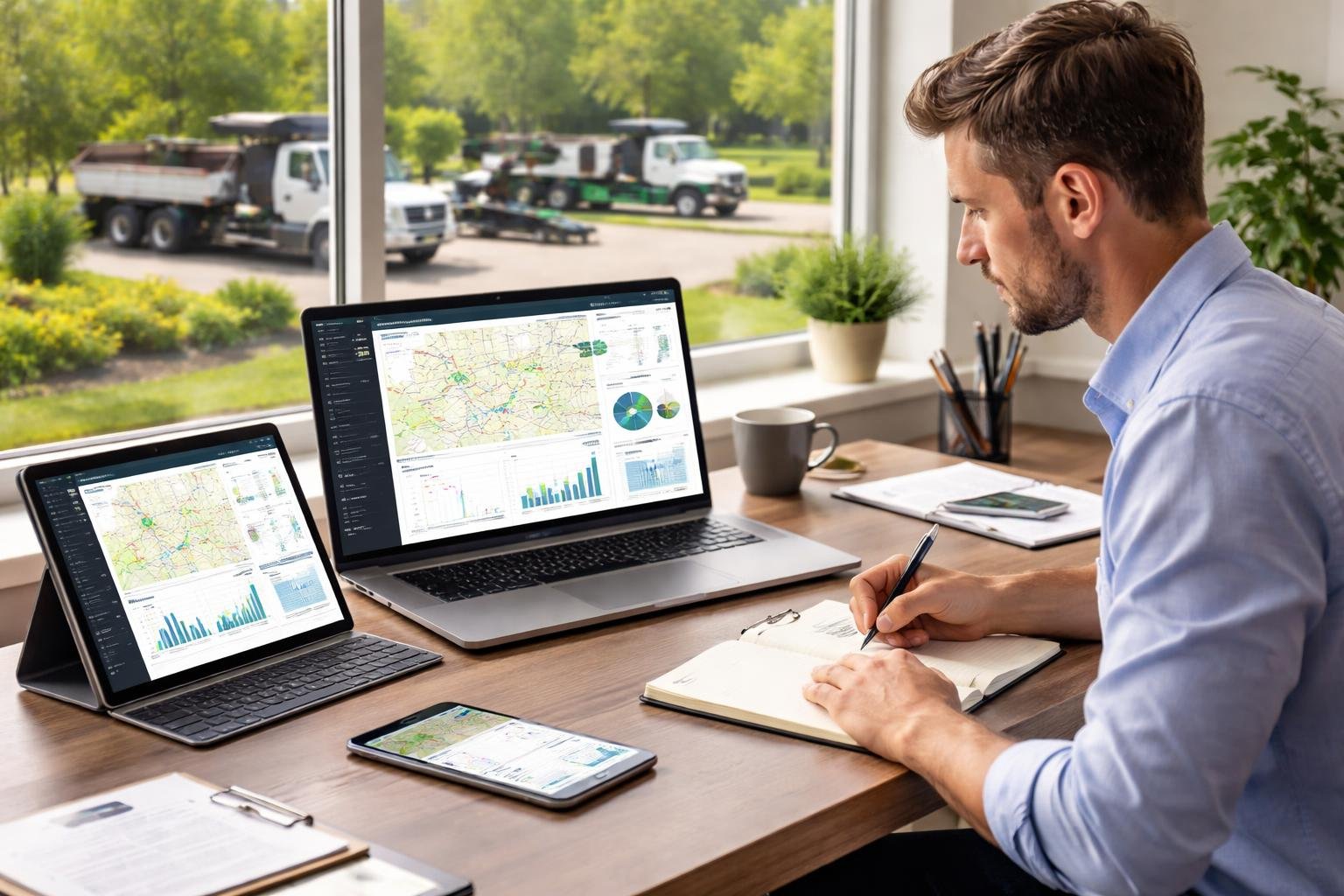 A person analyzing fleet management data on digital devices in an office with landscaping trucks visible outside a window.