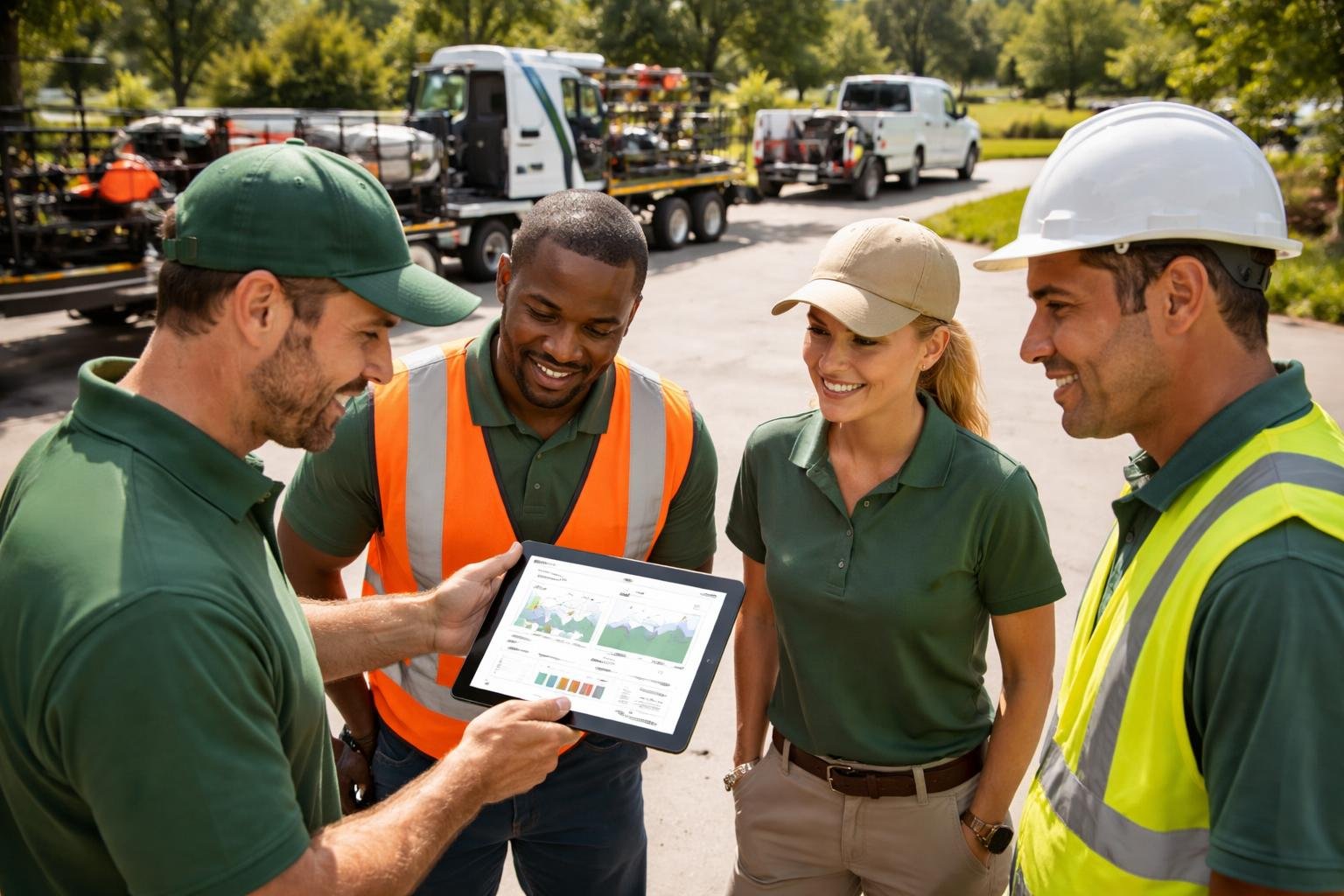 Landscaping professionals reviewing fleet data on a tablet with landscaping trucks and equipment in the background.