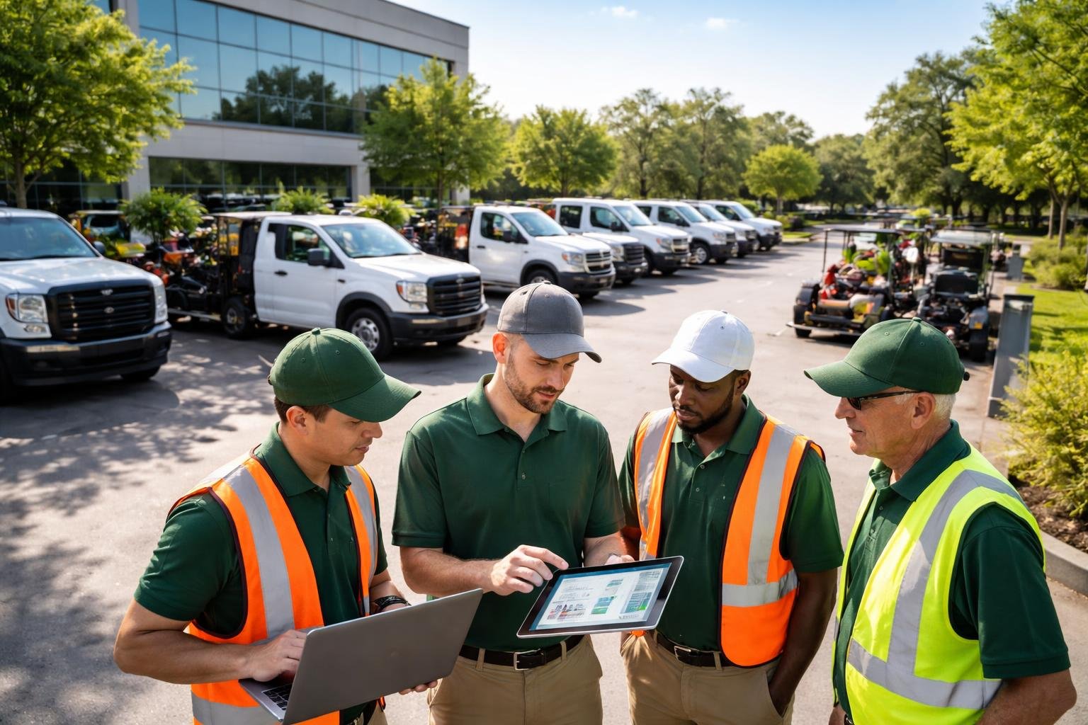 Landscaping workers in uniforms reviewing data on digital devices next to a fleet of landscaping trucks parked outside an office building.