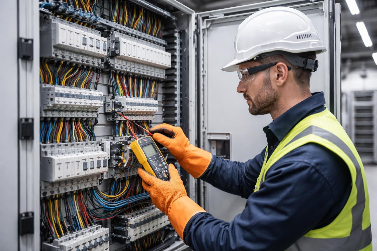 An electrician wearing safety gear inspects electrical panels using a testing device inside a commercial building.