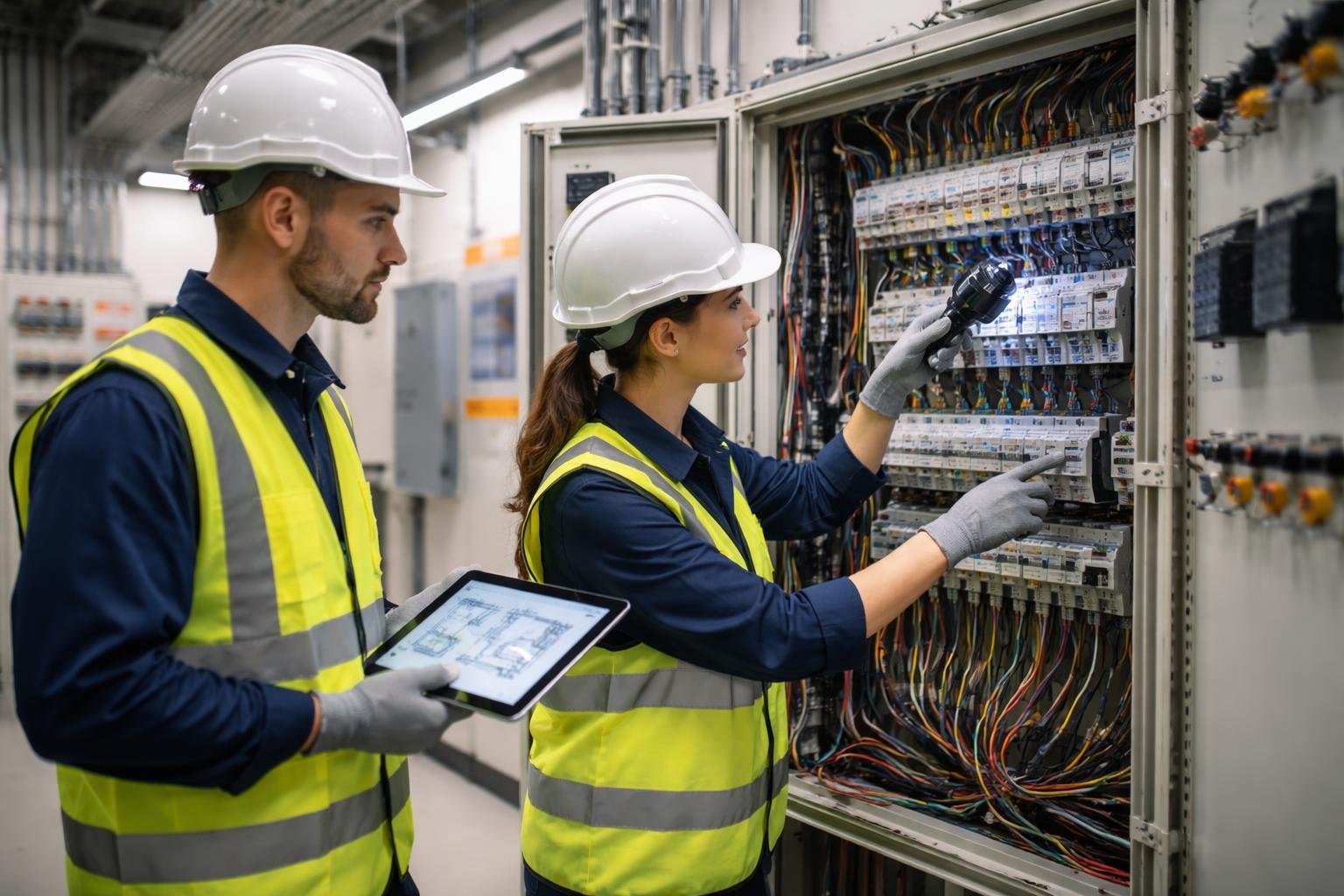 Two electricians wearing safety gear inspecting electrical panels inside an industrial electrical room.