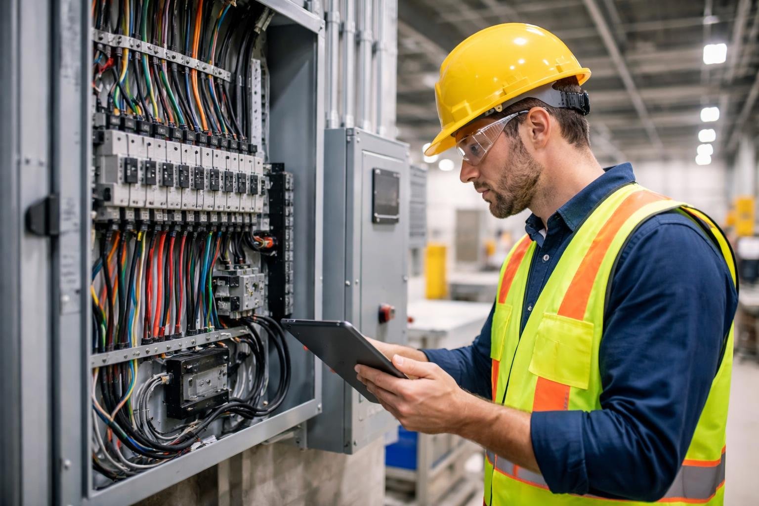 An electrician wearing safety gear inspects electrical panels and wiring inside a building under construction.