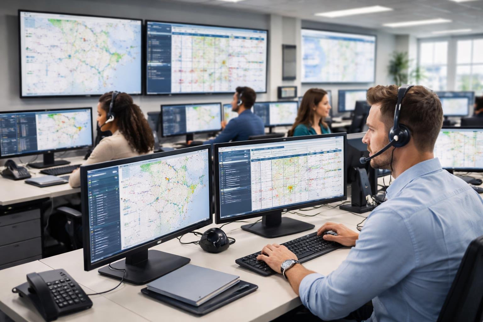 A team of dispatchers working at computers in a modern office coordinating plumbing service calls.