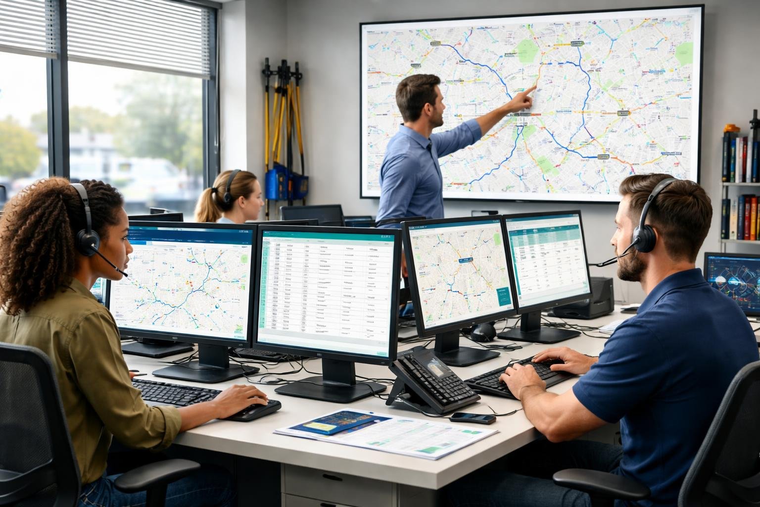 A team of dispatchers working at desks with computer screens showing maps and route plans in an office setting related to plumbing services.