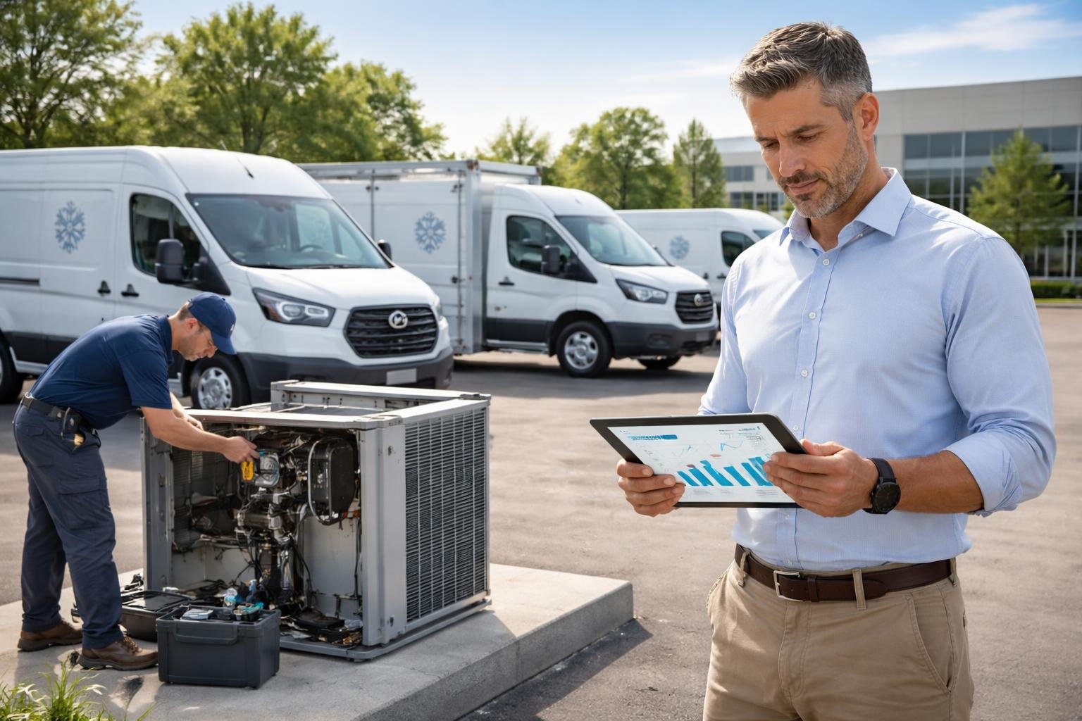 A fleet manager reviews data on a tablet near HVAC service vans while a technician inspects equipment in a parking area outside a commercial building.