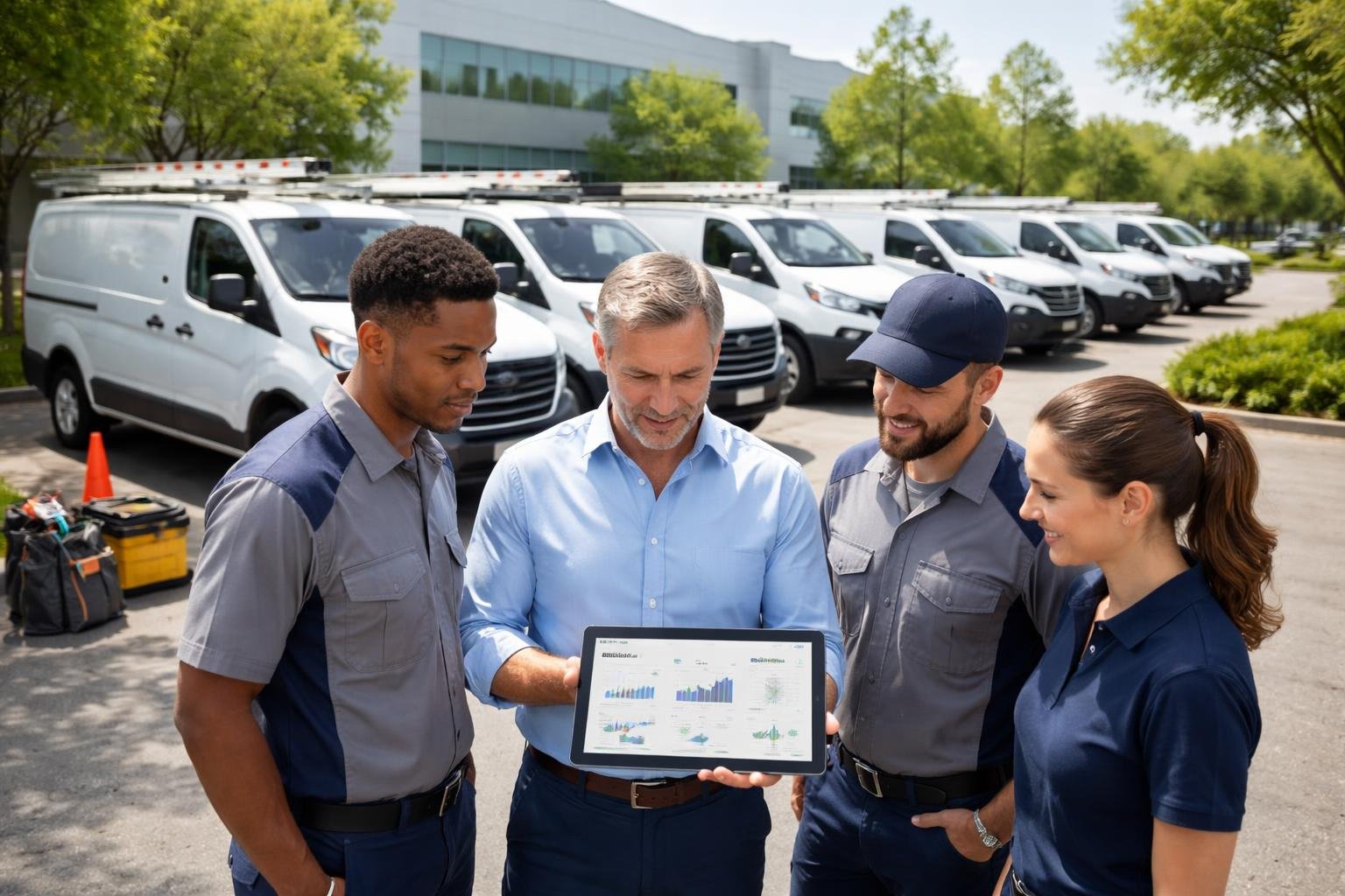 A group of HVAC fleet managers and technicians reviewing data on a tablet near a row of HVAC service vans parked outside a building.