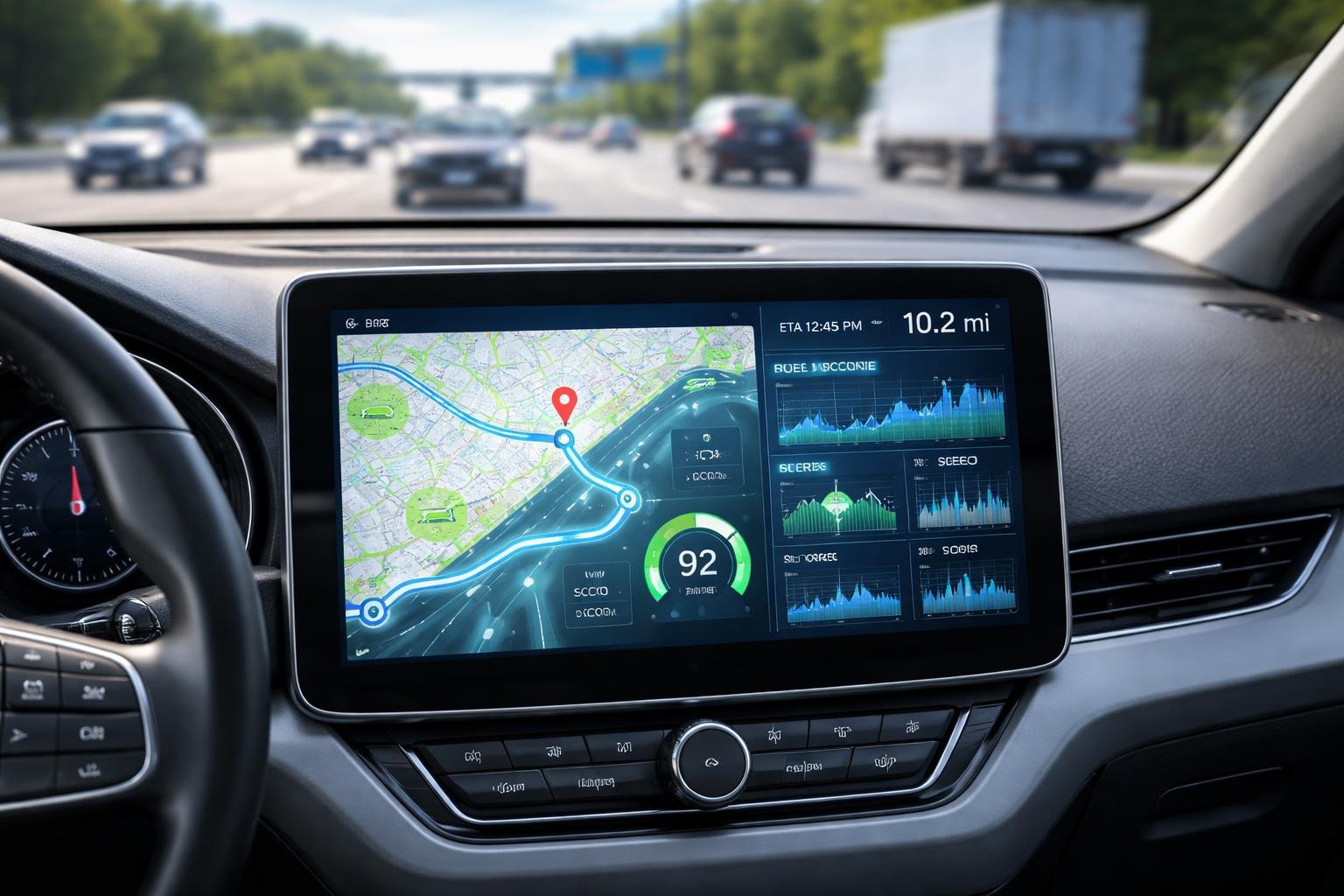 View of a vehicle dashboard with a digital map and performance data on the screen, showing a road ahead with cars driving.
