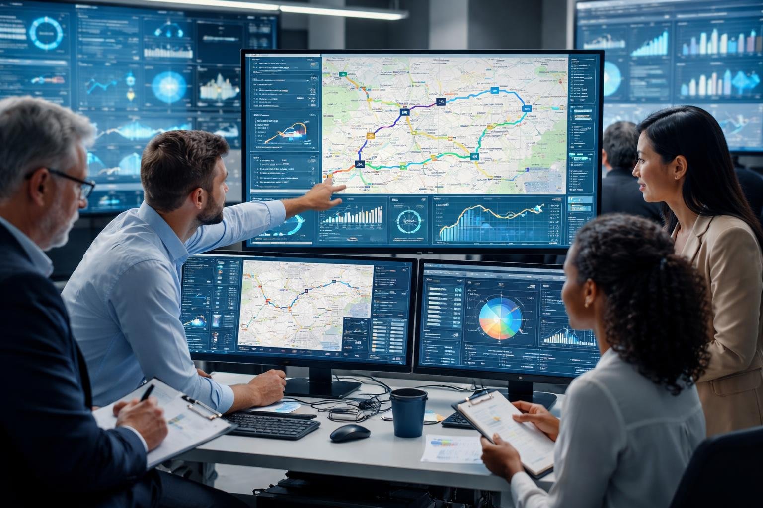 A team of professionals analyzing vehicle route data on multiple computer screens in a modern office.