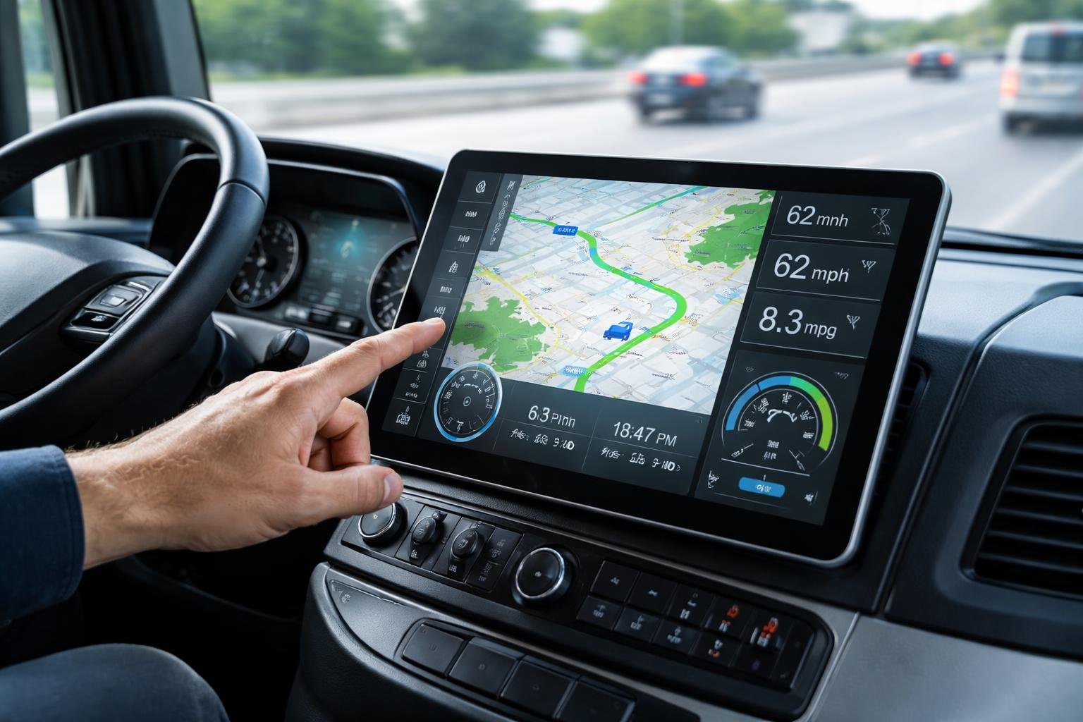 Close-up of a vehicle dashboard showing a touchscreen with route maps and performance data, with a road visible through the windshield.