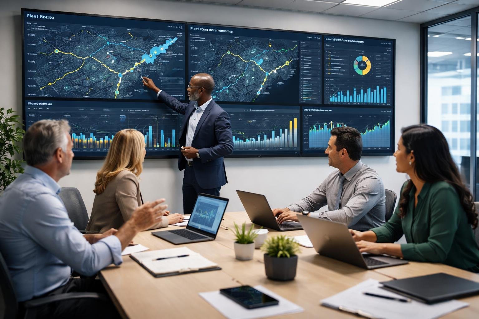 A team of professionals in a conference room reviewing fleet route maps and performance charts on large digital screens.