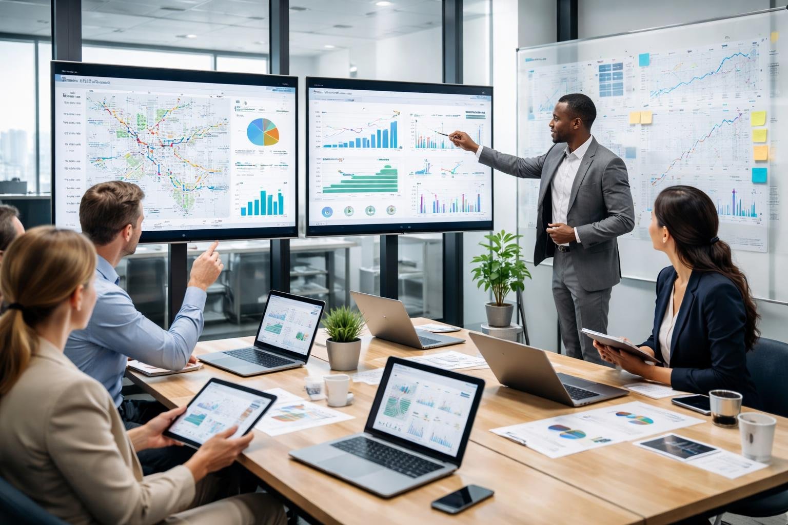 Business professionals analyzing digital screens showing vehicle routes and performance charts in a modern office.