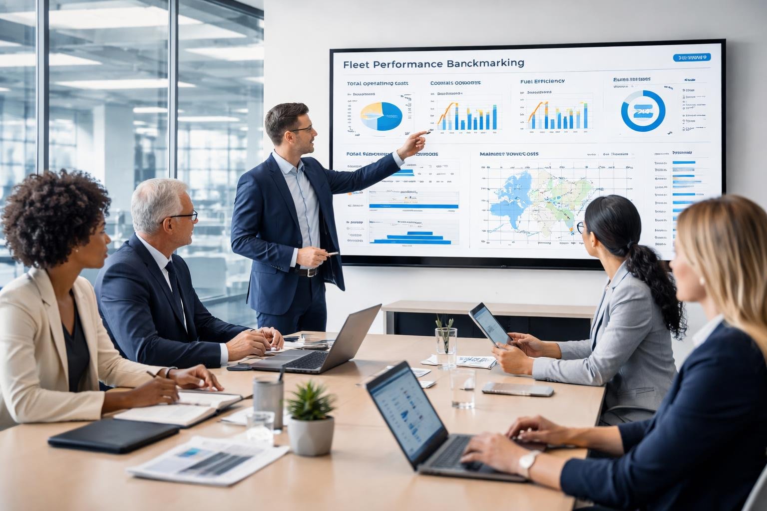 A group of business professionals in a modern office discussing charts and data on a large digital screen during a meeting.