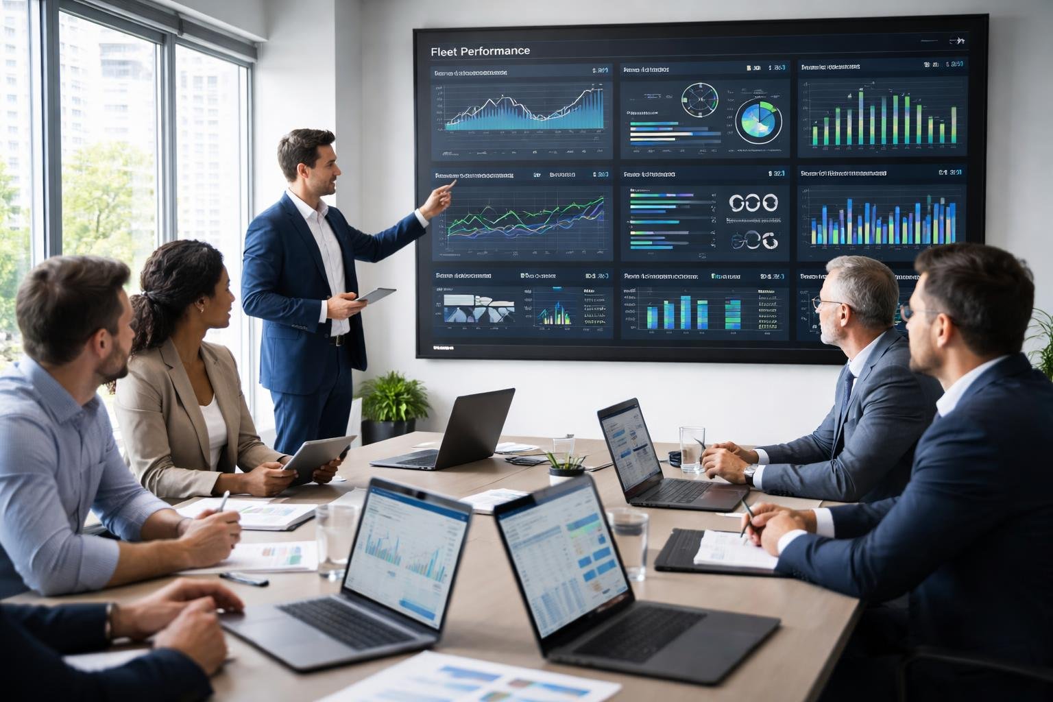 A group of professionals analyzing fleet performance data on digital devices and a large screen in a modern office.