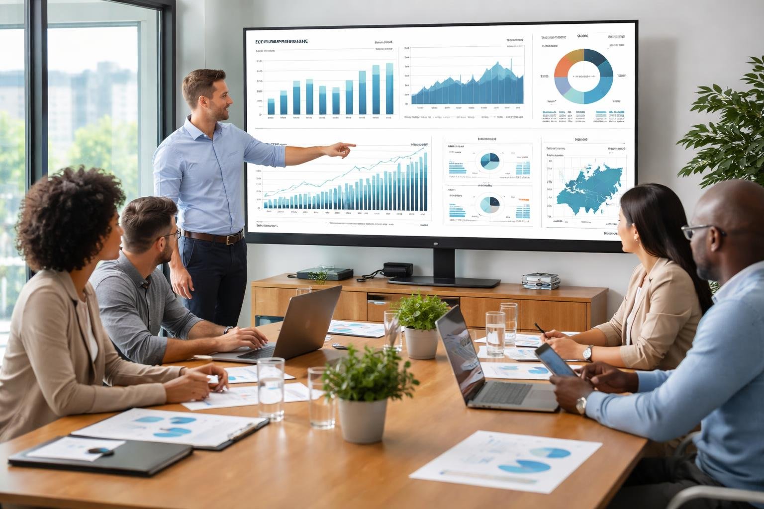 A group of business professionals in a meeting room analyzing fleet performance data on laptops and a large screen.