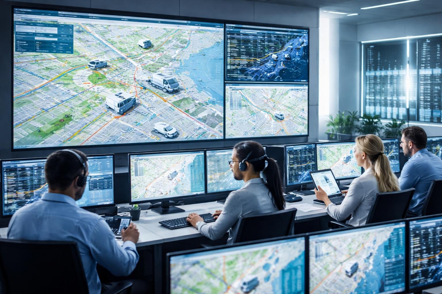 A team of professionals in a control room monitoring real-time fleet vehicle locations and routes on multiple large screens.