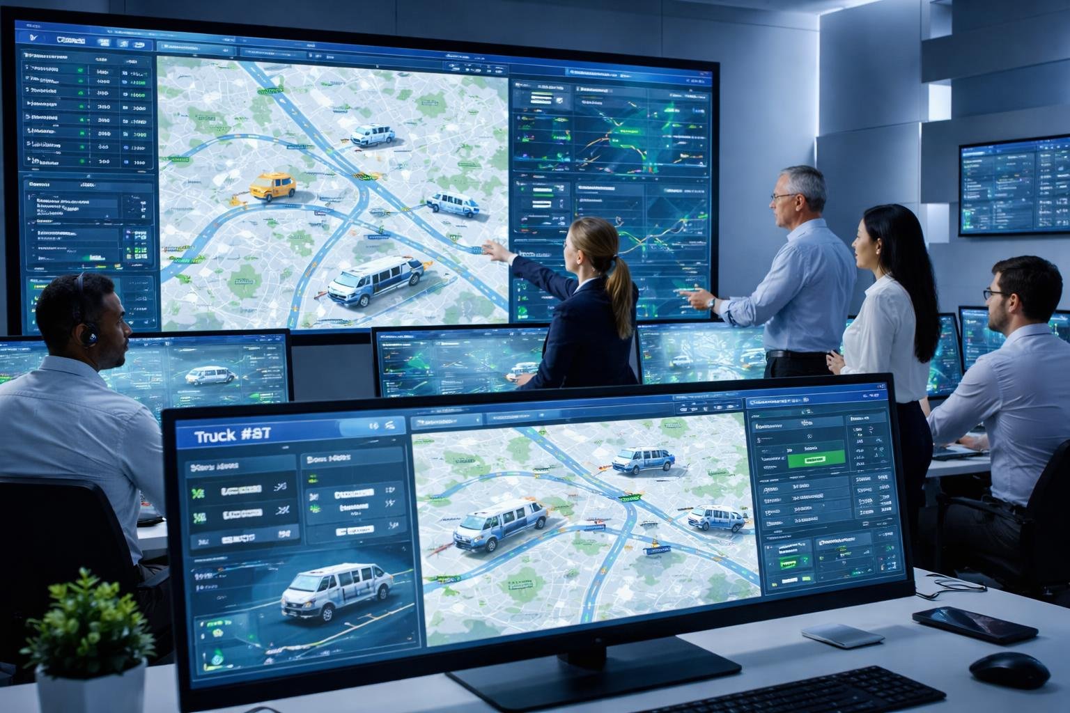 A control room with professionals monitoring real-time vehicle locations and routes on large digital screens.