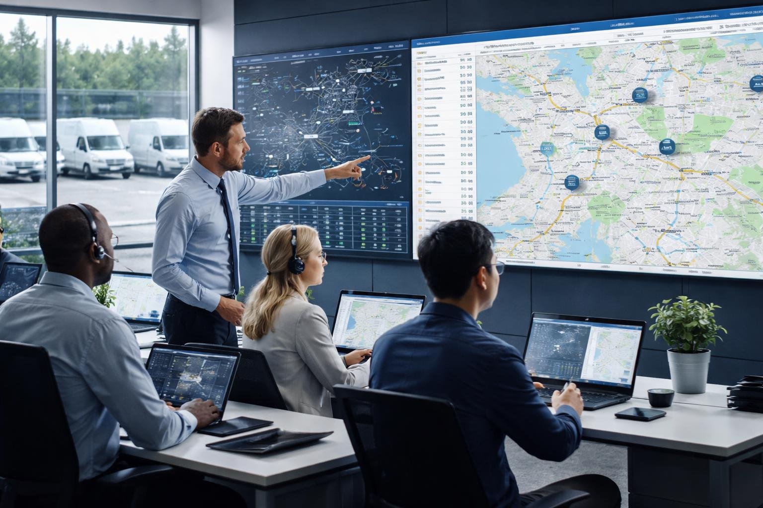 A team of professionals monitoring vehicle locations on large screens in a control room with a fleet of trucks visible outside.