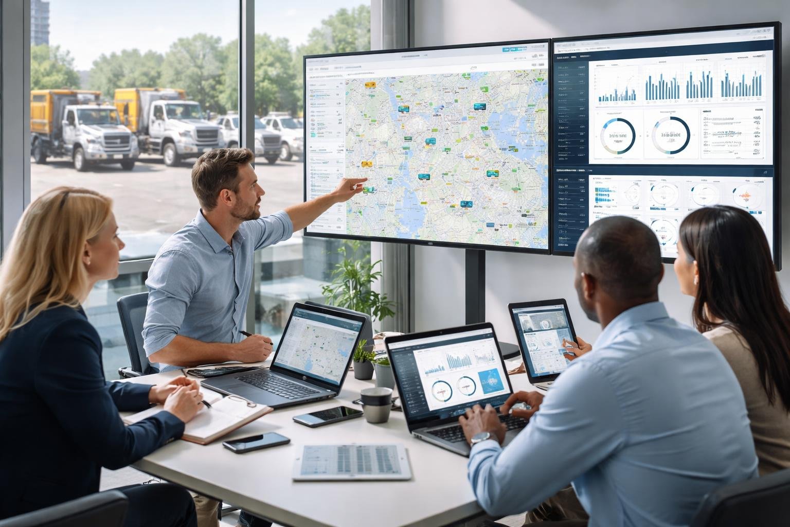 Professionals monitoring a contractor fleet using digital screens and devices in an office with construction vehicles visible outside.