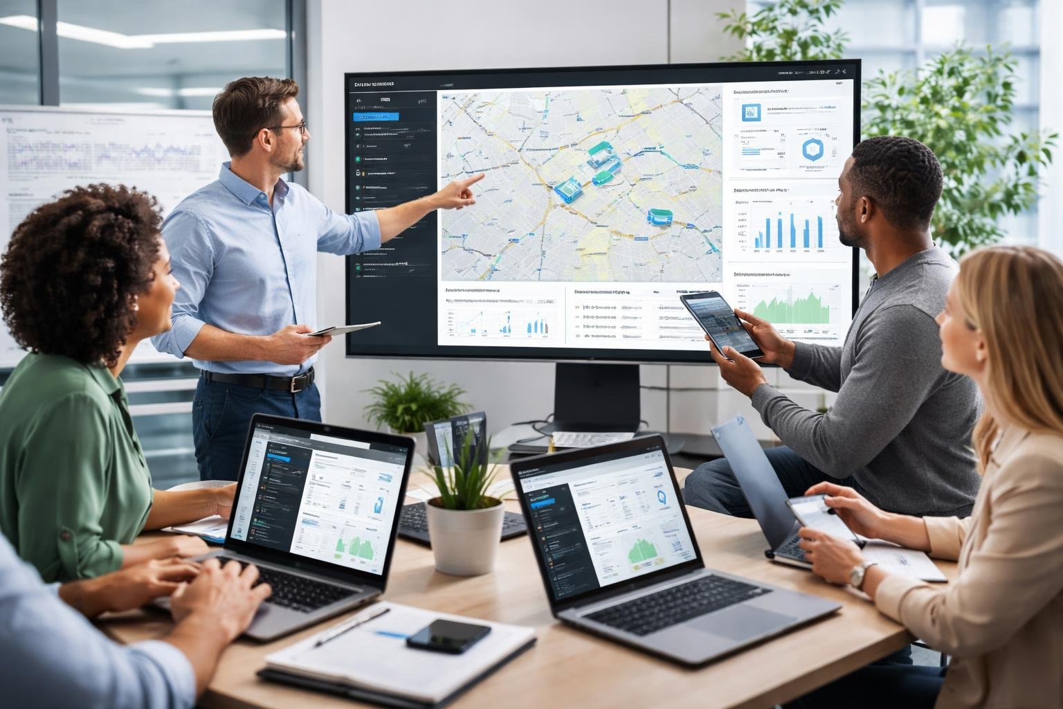 A group of professionals in an office discussing fleet monitoring data displayed on a large digital screen with maps and charts.