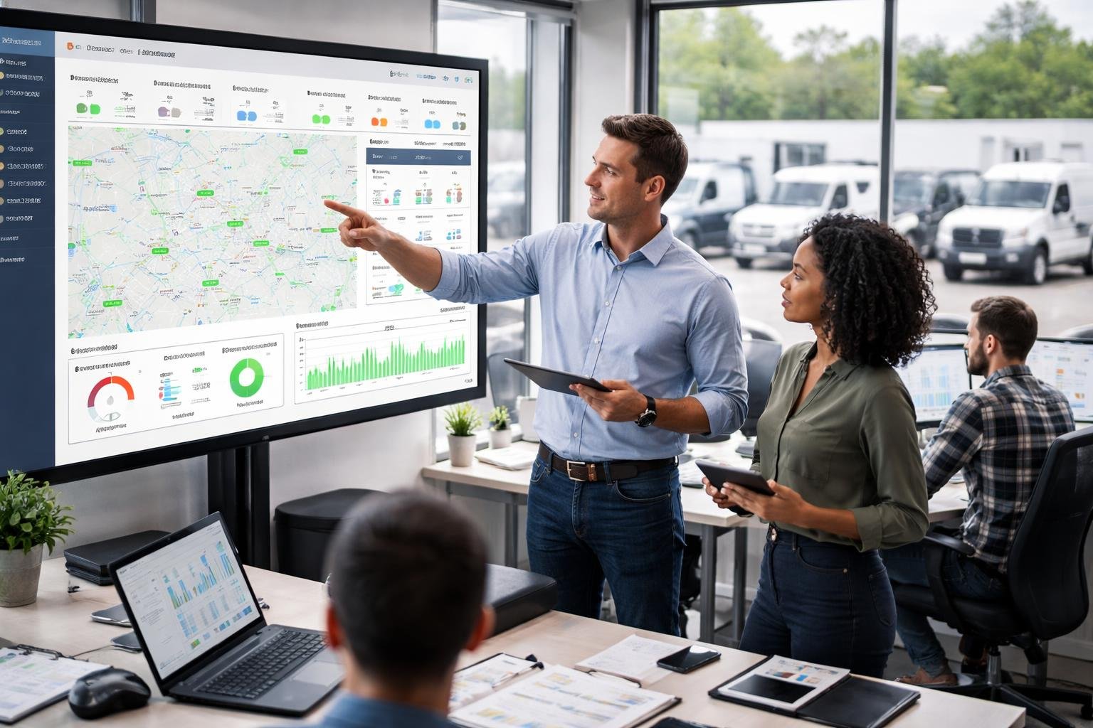 A team of professionals in an office reviewing a large digital dashboard showing real-time data and maps of contractor vehicles, with a fleet of trucks visible outside a window.