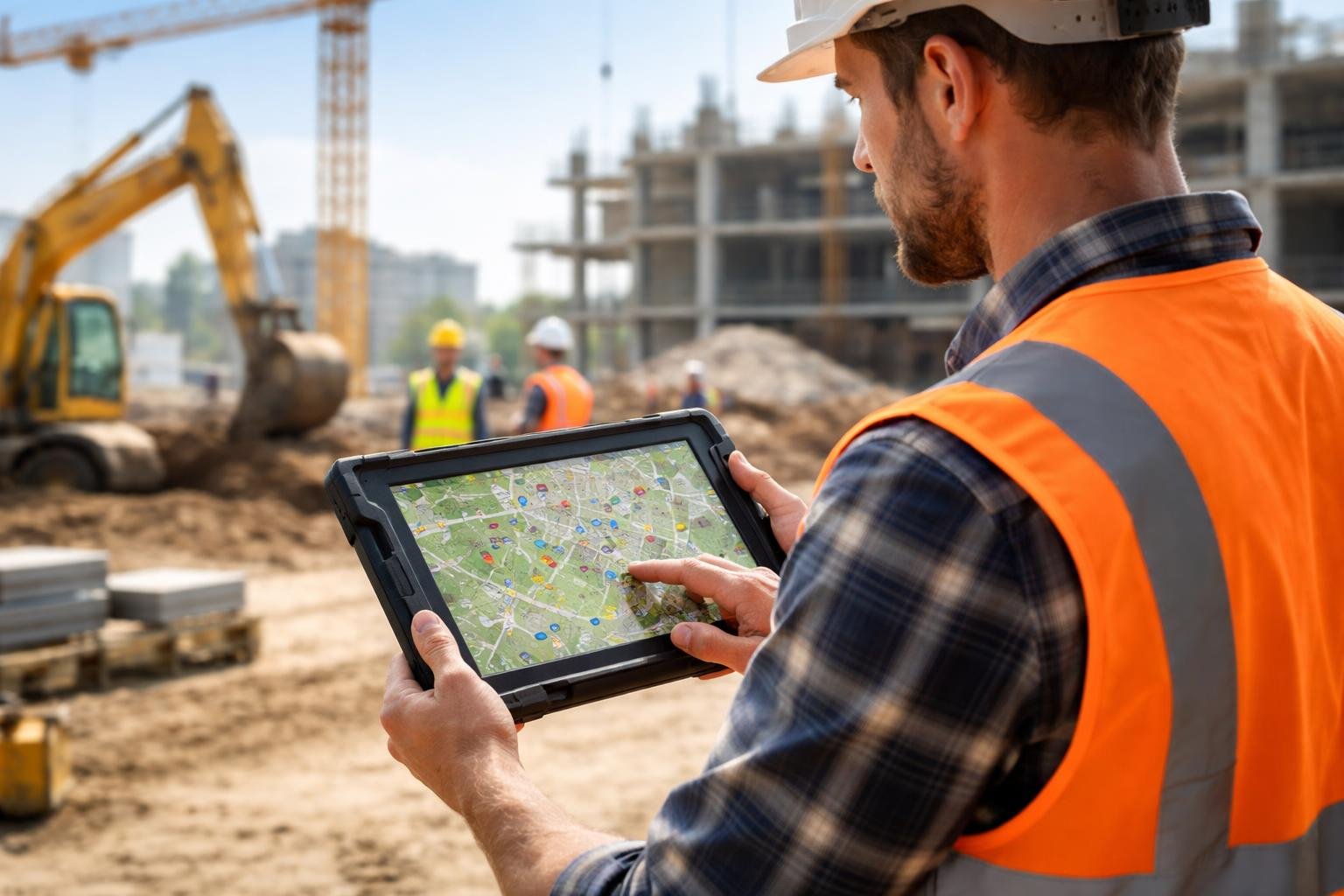 Construction worker using a handheld GPS device at an active construction site with machinery and buildings in progress.