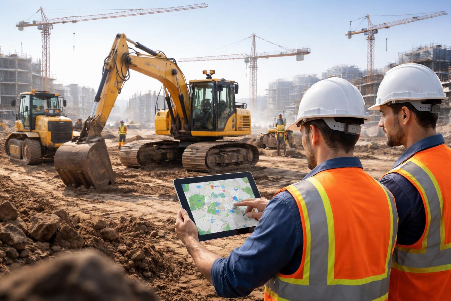 Construction workers using digital tablets to monitor GPS tracking on heavy machinery at a busy construction site.