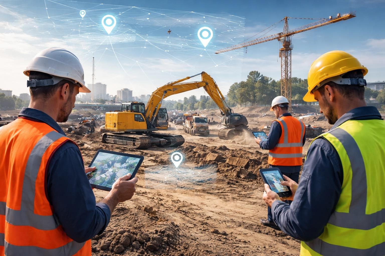 Construction workers using GPS devices and tablets at an active construction site with machinery operating in the background and a digital map overlay showing tracking information.