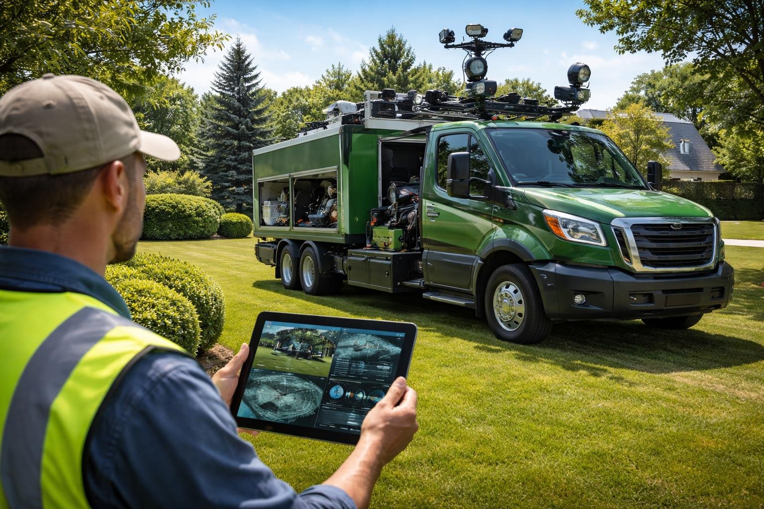 A landscaping vehicle with sensors parked on a lawn while a technician checks data on a tablet nearby.