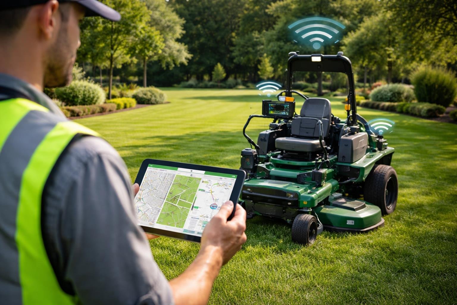 A landscaping vehicle on a green lawn with a person holding a tablet monitoring its location outdoors.
