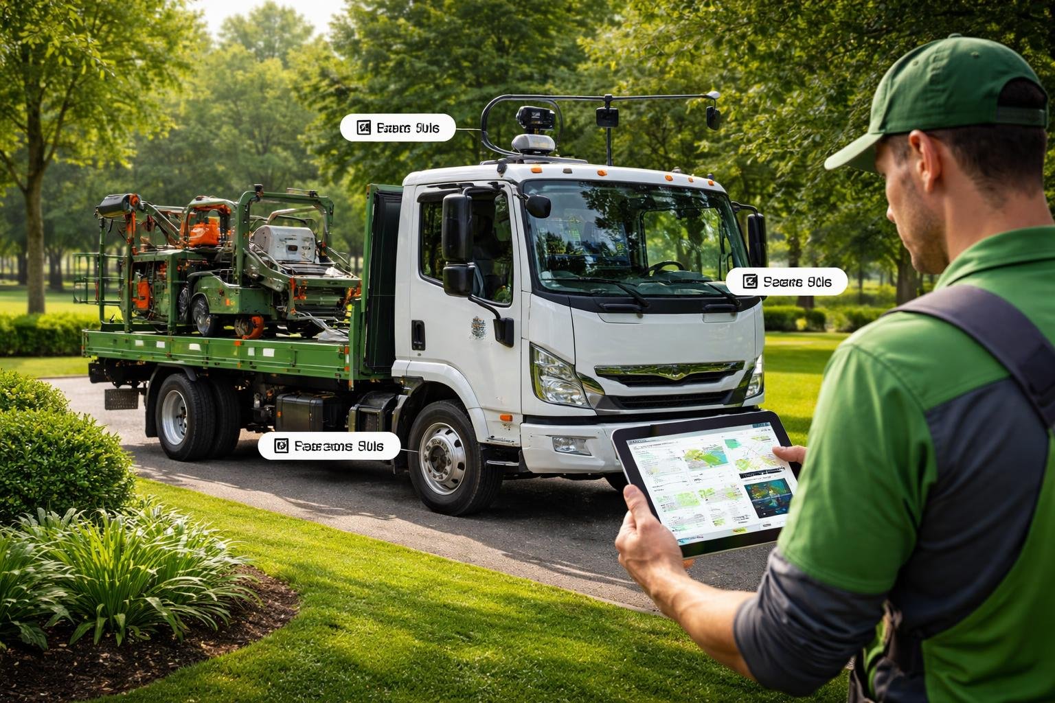 A landscaping vehicle with monitoring devices parked in a green landscape, with a person using a tablet to check data.