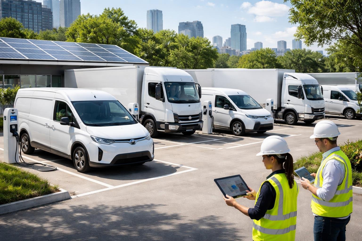 An electric vehicle fleet with workers using digital devices near charging stations in a city parking lot.