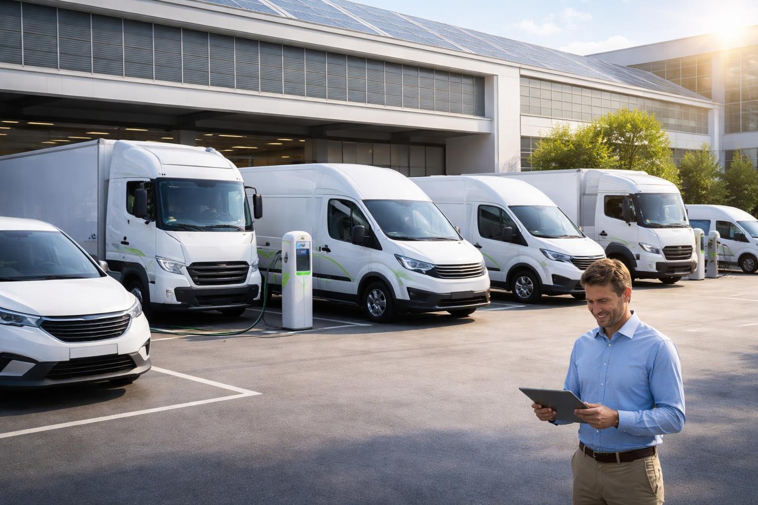 A fleet manager reviews data on a tablet while standing near several electric delivery vehicles parked outside a warehouse with solar panels and charging stations.