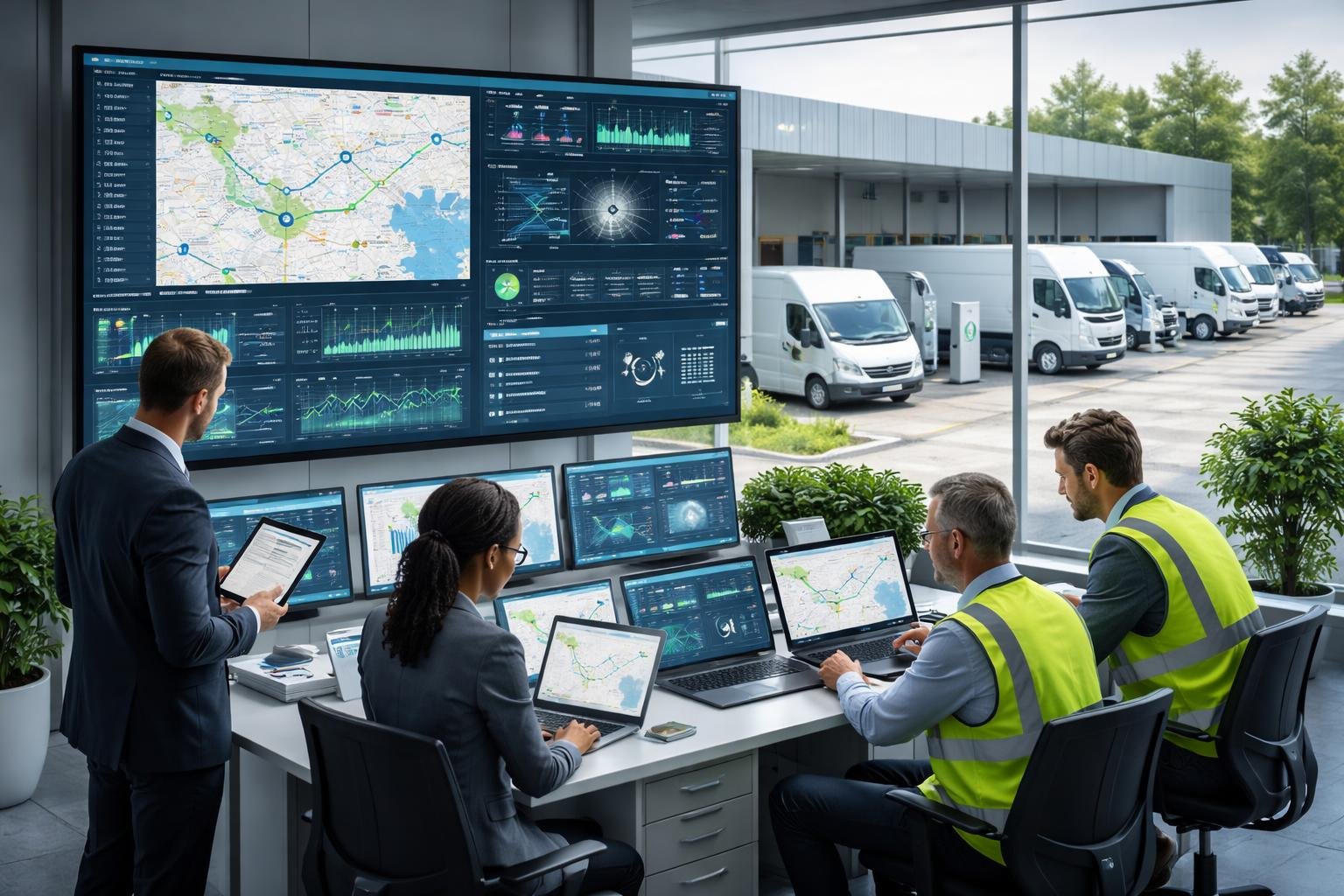 A team of professionals monitoring real-time data on screens and devices in a control room with electric fleet vehicles and charging stations visible outside.