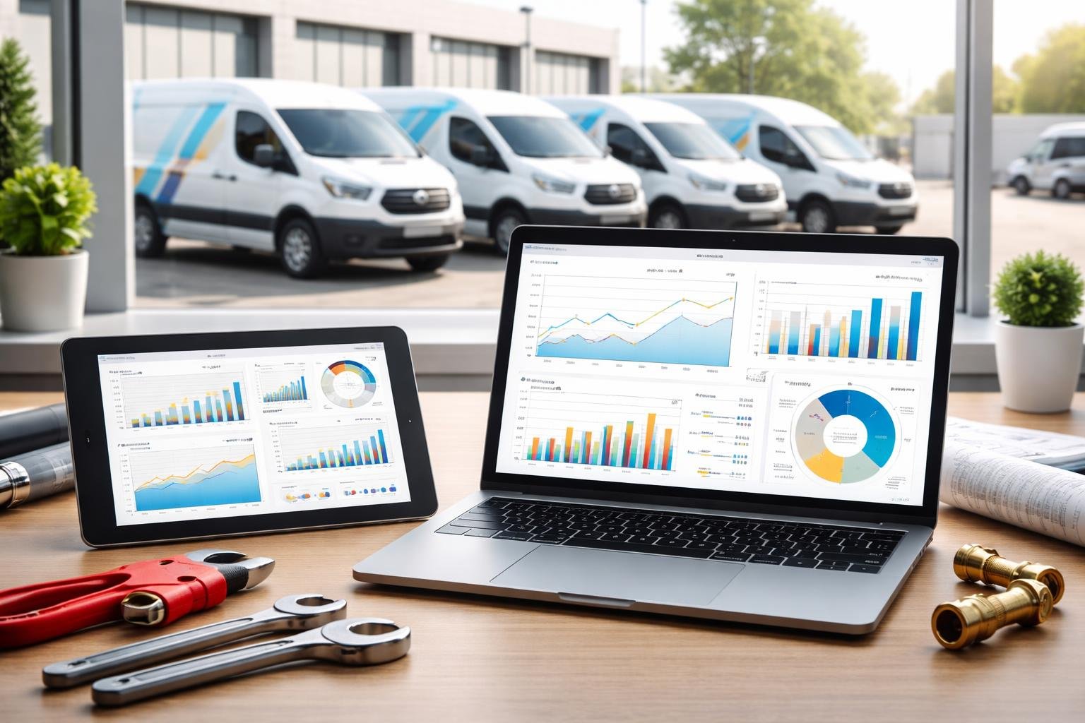 A workspace with a laptop and tablet showing charts and graphs, plumbing tools on the desk, and a fleet of plumbing vans parked outside a building.