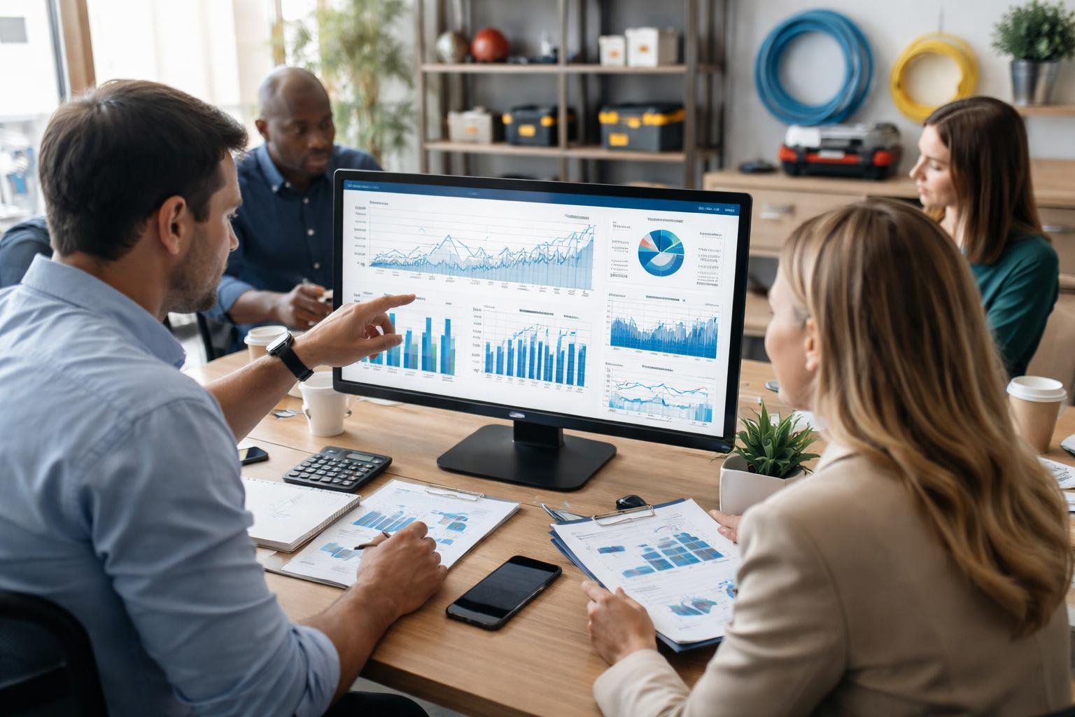 A group of professionals analyzing charts and graphs on computer screens in an office setting related to plumbing fleet performance metrics.