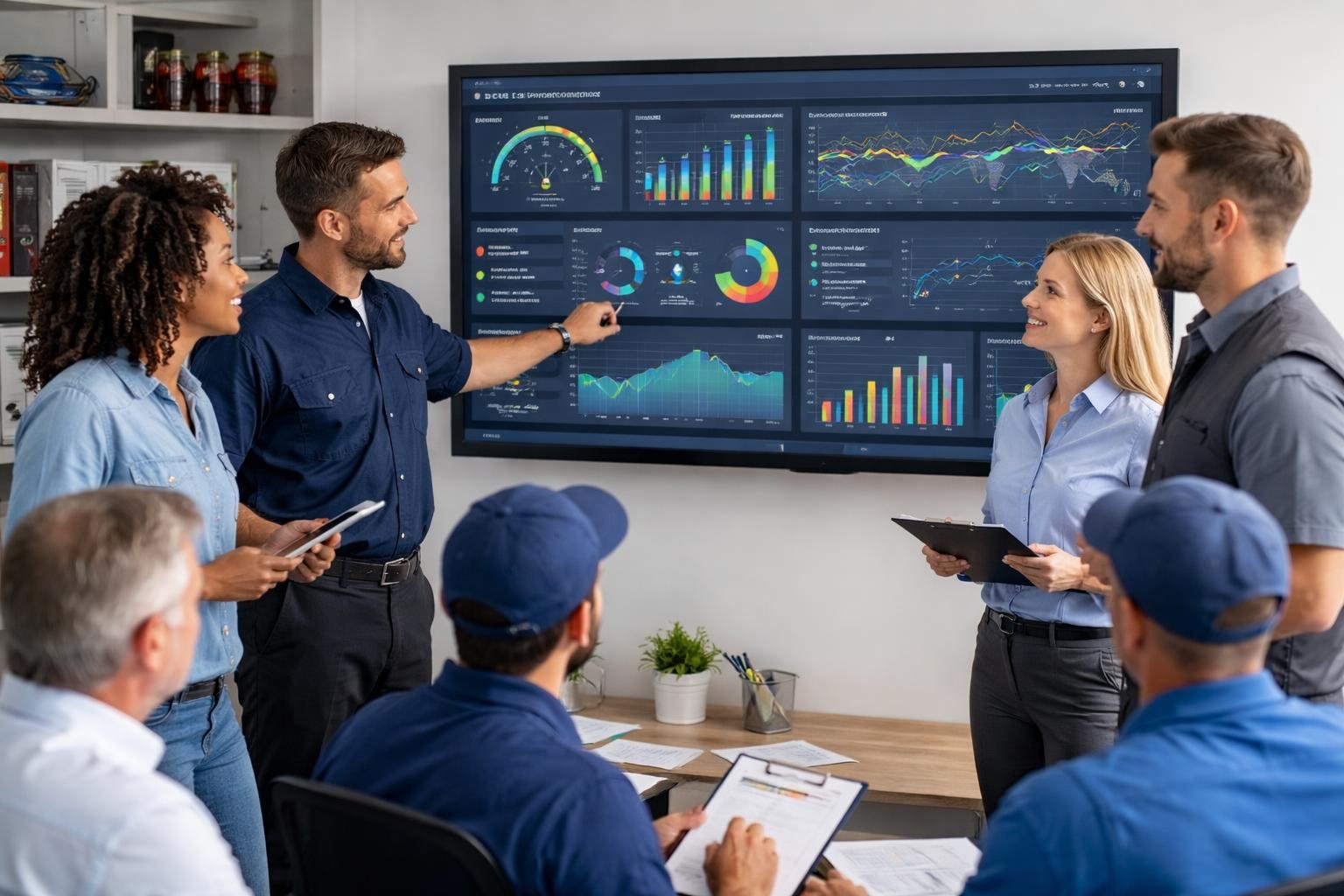 A group of plumbing professionals reviewing fleet performance data on a large digital dashboard in a bright office.