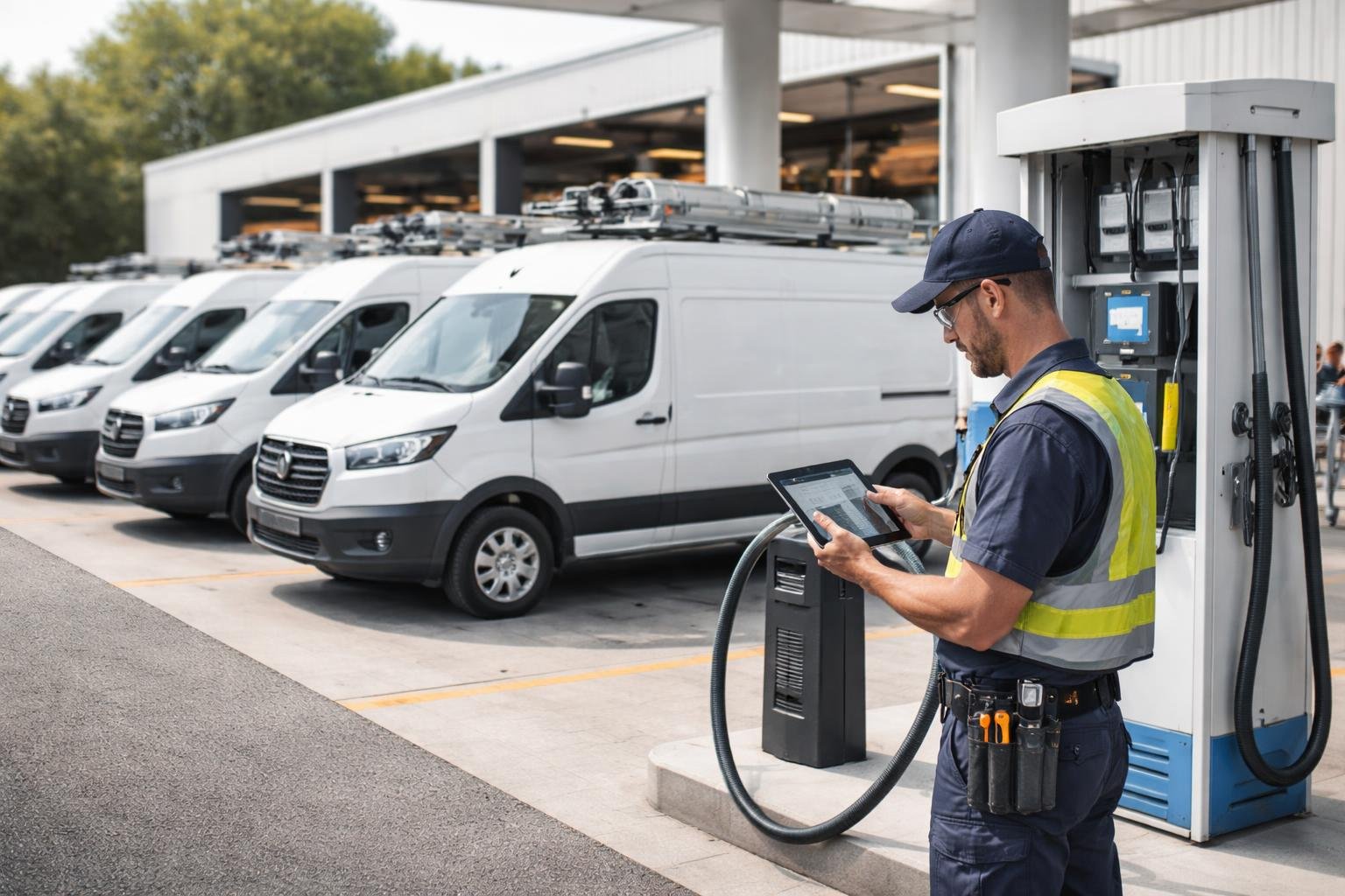 A technician using a tablet to manage fuel for a fleet of HVAC service vans parked at a fuel station near a service center.