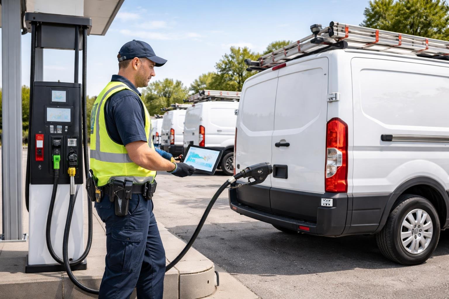 Technician refueling an HVAC service van in a parking lot with several similar vans parked nearby, holding a fuel nozzle and a digital device.