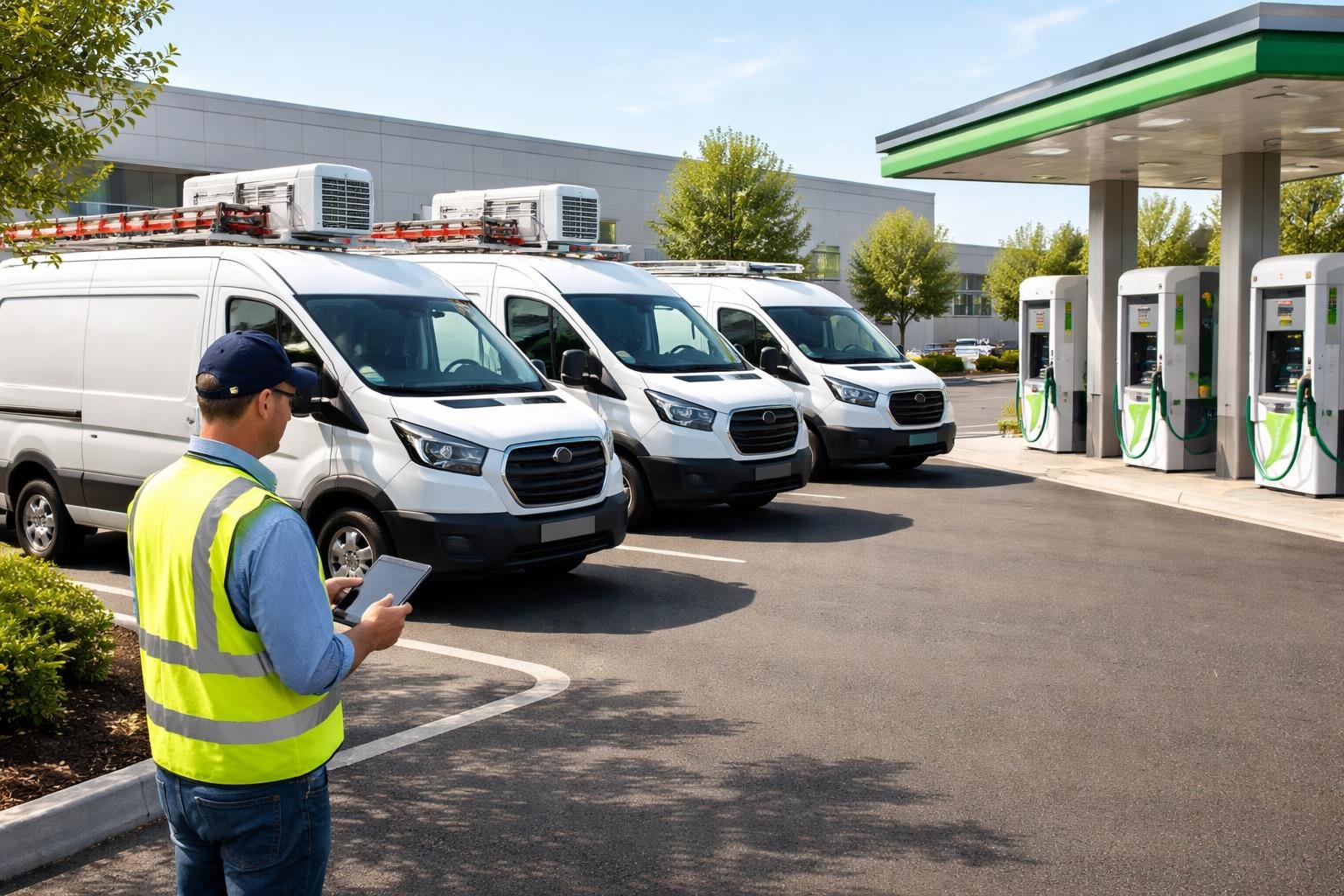 A fleet manager inspects HVAC service vans parked near a fuel station in an industrial area.
