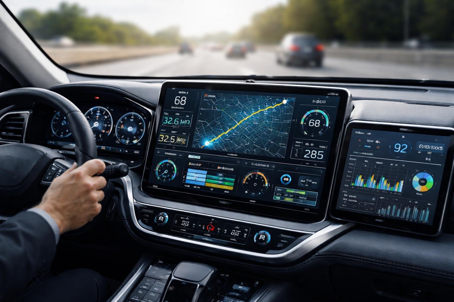 Car dashboard with digital screens displaying vehicle telematics data and graphs while driving on a road.